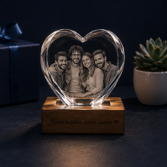 Luminária Coração em Cristal com Base de LED – Edição Amigos