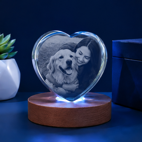 Luminária Coração de Cristal Amor Fiel – Edição Família e Pets
